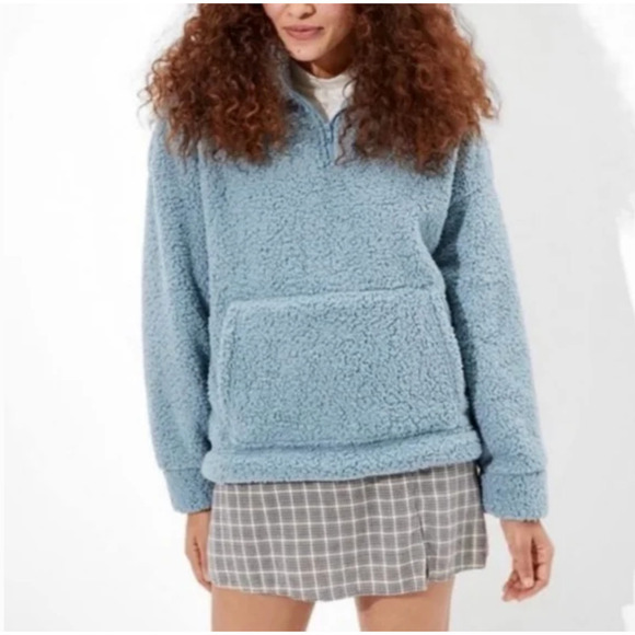 American Eagle Blue Teddy Sherpa Fleece Half Zip Pullover Jacket Sm - Picture 1 of 3